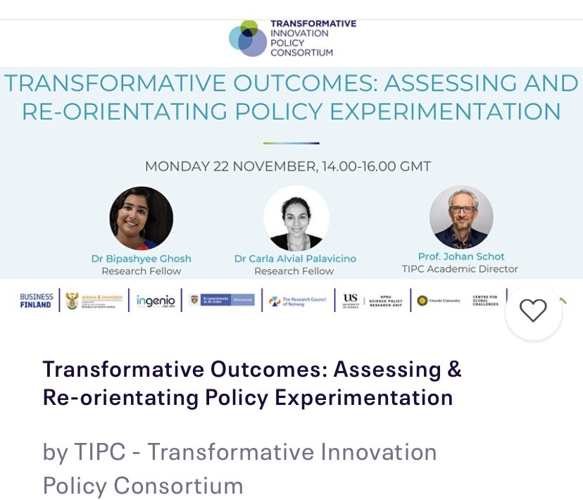 TIPConsortium's tweet photo. Our next learning event w. @Johan_Schot @bipashyee #CarlaAlvialPalavicino on using TIP’s #TransformativeOutcomes in projects. Find a new way with this innovative #policy tool as a compass to #transformations &amp; #transitions https://t.co/csSevERW8d https://t.co/rpQ46V04Qs