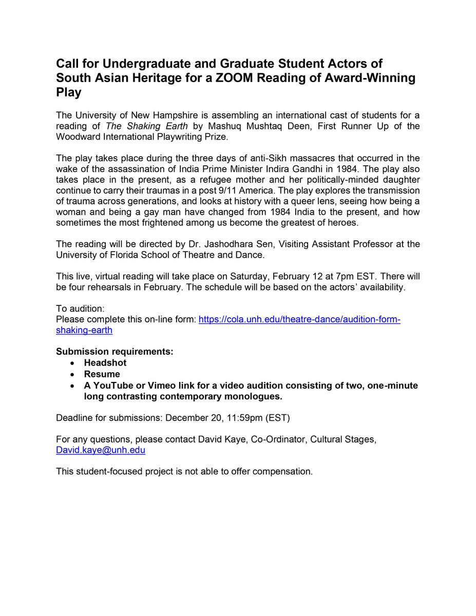 inbetweenisms's tweet photo. Call for Undergraduate and Graduate Student Actors of South Asian Heritage for a ZOOM Reading of Award-Winning Play.
Please find the call attached to this post for more information. #internationalcasting #AcademicTwitter #SouthAsian https://t.co/zvv33LX0Zh