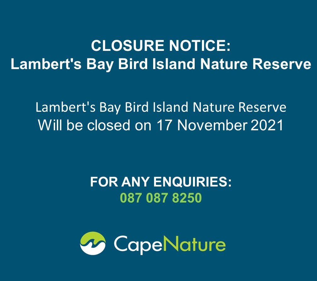 📌Lamberts Bay Bird Island will be closed on 17 November 2021