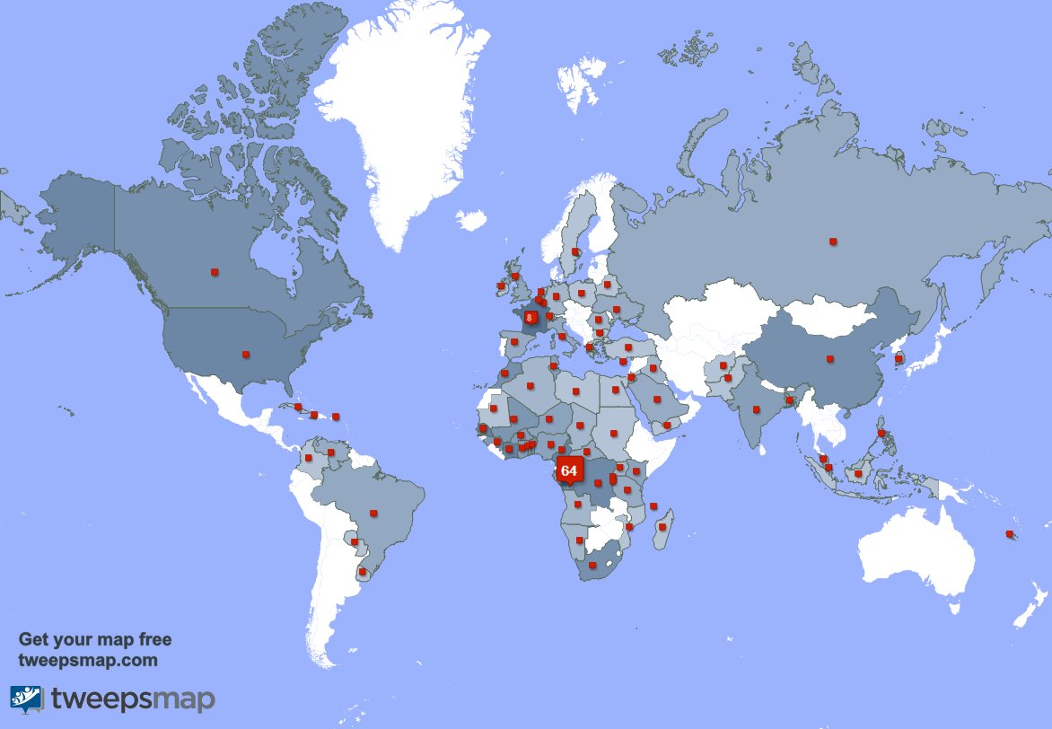 Nous avons 4 nouveaux abonnés, de Congo la semaine dernière. Voir tweepsmap.com/!Yekolab