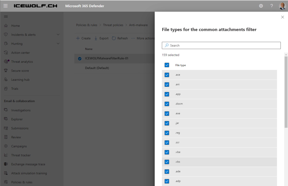 andresbohren's tweet photo. In #ExchangeOnlineProtection kann man neu im M365 Defender Admin Portal 159 File Extensions blockieren 😍 Standardmässig sind nur 12 aktiviert. Unbedingt anschauen und konfigurieren 🚨
https://t.co/F7cAgPhIY4 https://t.co/P2FLQ8sytx