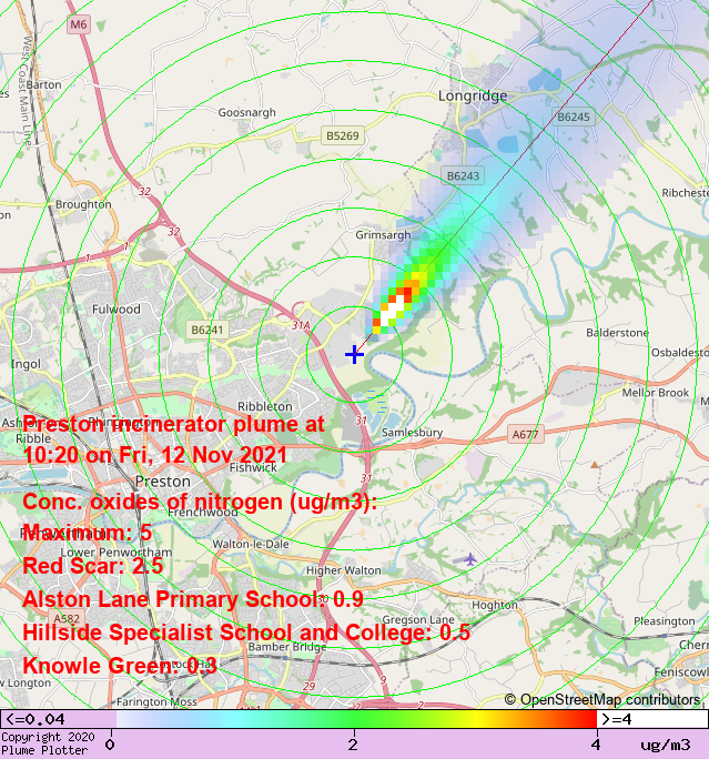 plumeplotter's tweet photo. Latest Preston incinerator plume plot, 10:20 12/11/21 #RedScar #KnowleGreen #NewTown https://t.co/vYUTMnLQDm https://t.co/W8cslHdSK3