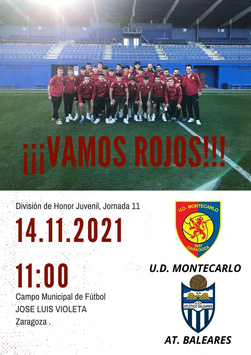 UDMontecarlo's tweet photo. Este domingo, el División de Honor Juvenil, vuelve a jugar en casa. 

📅 14 Noviembre 2021
⏰ 11:00
🆚️ CD Atlético Baleares
🏟 C.M.F. José Luis Violeta

OS ESPERAMOS!! ⚔⚔⚽️⚽️

VAMOS ROJOS!!! 🔴🔴🔵🔵 https://t.co/UagTfwdQxv