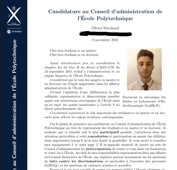 OlivierM2019's tweet photo. C’est pour porter avec détermination la voix des étudiant·es en master et en doctorat de l’X, et avec une grande conscience des enjeux contemporains et des exigences des grands corps techniques, que j’ai proposé ma candidature au Conseil d’administration de l’École Polytechnique. https://t.co/mwcxVML1oY