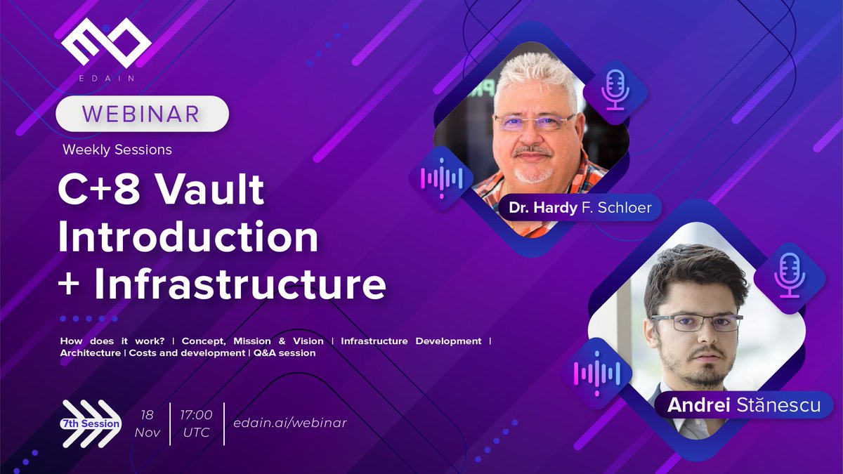 edainsw's tweet image. Next Thursday, get ready for an unmissable talk on C+8 Vault with Dr. Hardy F. Schloer, the #Edain founder, and Andrei Stanescu, technical solutions architect.
Stay tuned: bit.ly/3wCCMEY

#EdainWebinarSeries #JoinTheKnowledgeRevolution