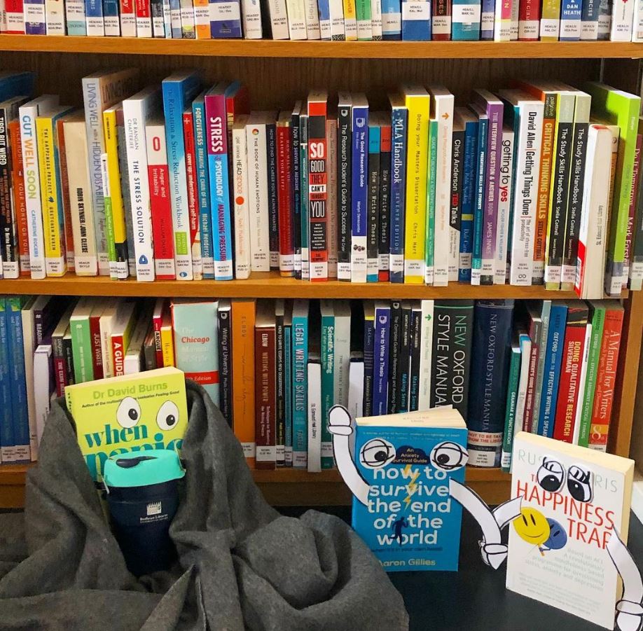 sehlibrary's tweet photo. It’s time to wrap up warm in blankets and mittens like our books, and to celebrate the end of 5th week! 
We are here to support students throughout the year, including through our study skills &amp; welfare books, all available to borrow!
#StEdmundHall #TeddyHall #FifthWeek #SelfCare https://t.co/y88Je6oMRr
