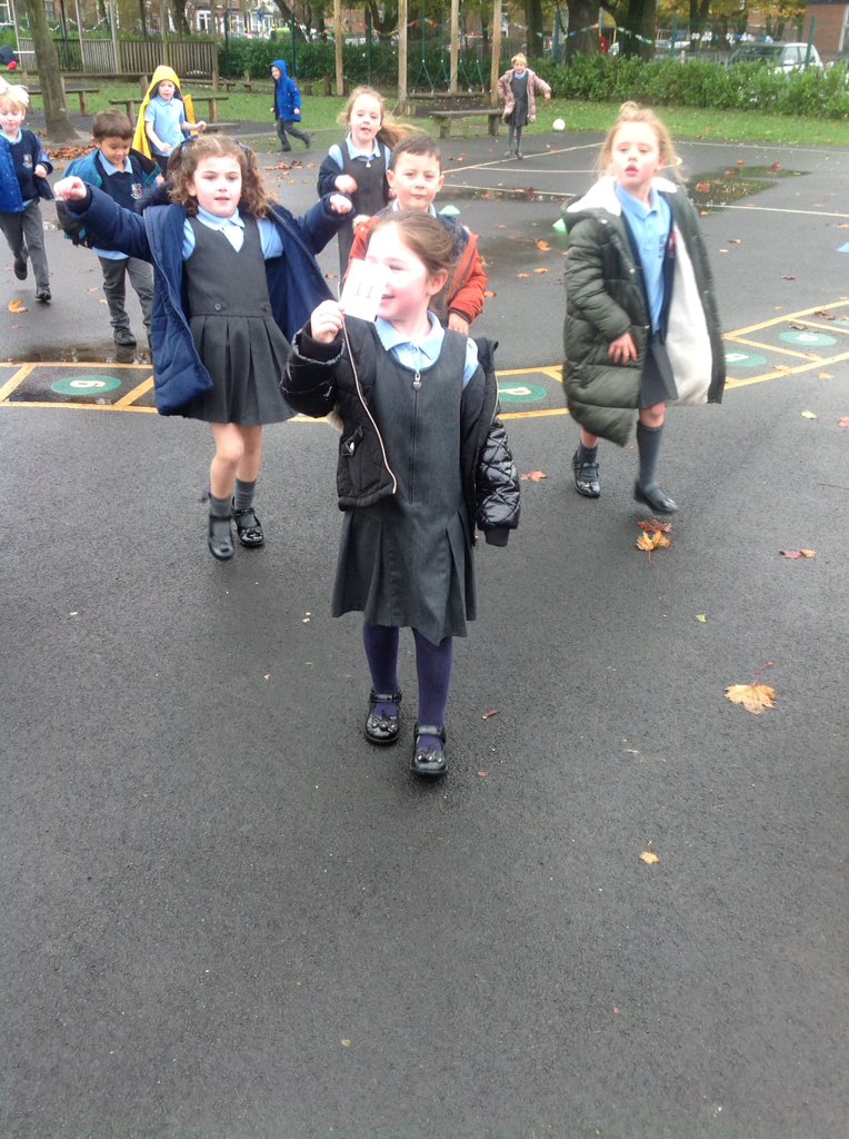 Class4KR's tweet photo. To finish off maths week Year 1 had some fun during break today. We had to solve different number problems and go and find the answers around the playground. #mathsweek #numberhunt @Class3KA_NR https://t.co/tQSB0EsNxY