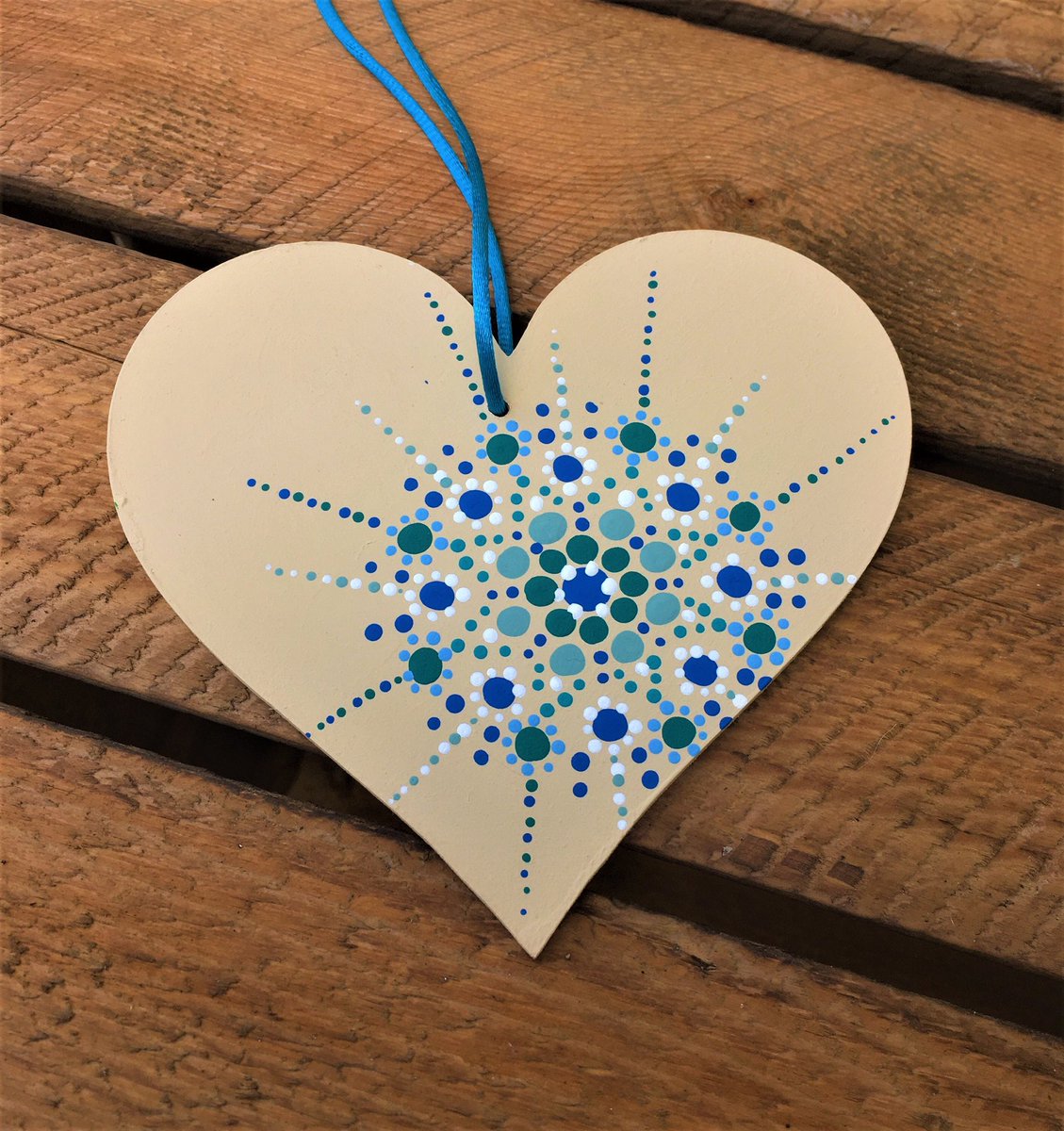 10% off voucher THANKYOU21.            Excited to share this item from my #etsy shop: Original Artwork Handpainted Acrylic Shades of Blue Mandala Hanging Heart etsy.me/3c4dVjU