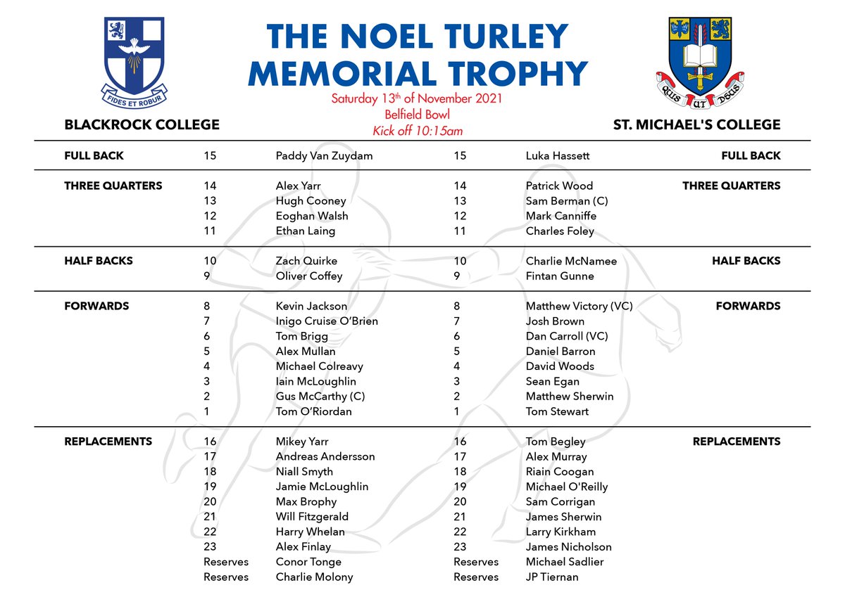 BlackrockColl's tweet photo. Teamsheets for tomorrow's Noel Turley Memorial Trophy fixture in aid of @spirasi 
@rockunion1898 @StMichaelsColl1 @stmcnews @leinsterrugby https://t.co/zjTxf0eeiE