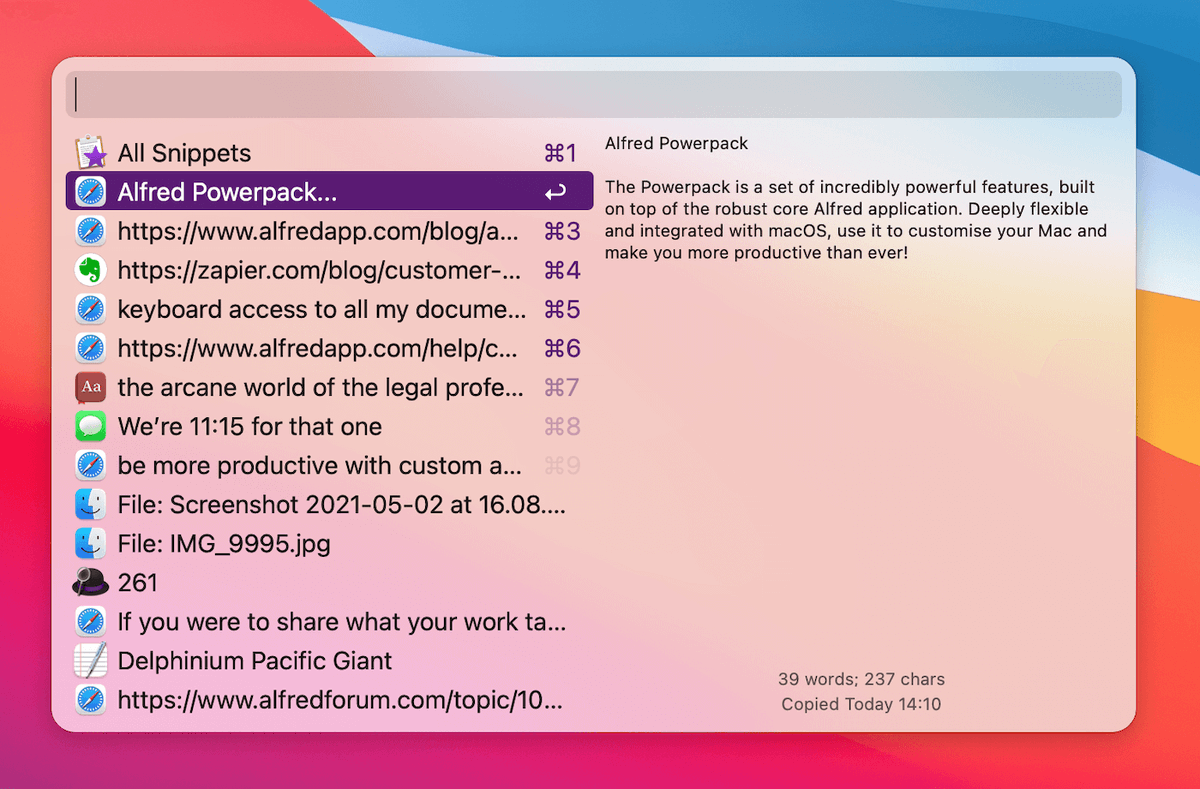 alfredapp's tweet photo. Friday Tip: Alfred's Clipboard History is an invaluable backup brain of what you've copied recently. Have you enabled it yet?

Using the same clipboard item a lot? Use ⌘S to save it as a snippet with a text expansion keyword for future use! :) 

https://t.co/9dvqiV2yst https://t.co/DuVw1JnnOu