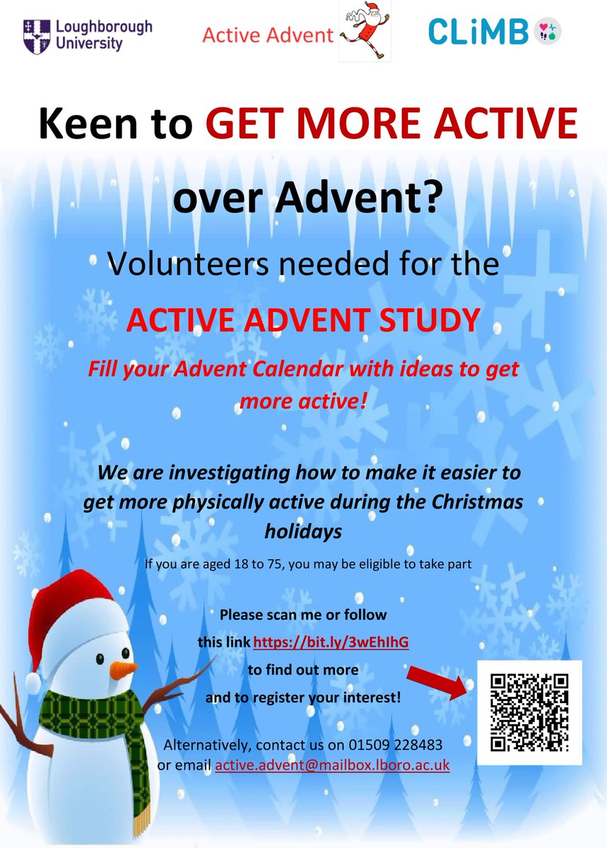 Centre for Lifestyle Medicine and Behaviour: CLiMB (@lboroclimb) on Twitter photo Are you keen to get more active over advent?
We’re looking for volunteers to take part in our Active Advent study.
Click here for more information and to register your interest bit.ly/3wEhIhG
#LboroResearch #LboroCLiMB #PhysicalActivity <a href="/gregbiddle/">Greg Biddle</a> Are you keen to get more active over advent?
We’re looking for volunteers to take part in our Active Advent study.
Click here for more information and to register your interest bit.ly/3wEhIhG
#LboroResearch #LboroCLiMB #PhysicalActivity <a href="/gregbiddle/">Greg Biddle</a>