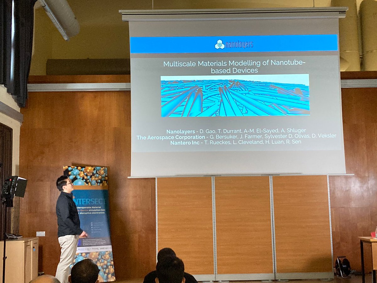 intersect_eu's tweet photo. David Gao from #nanolayers and #materials discovery and #machinelearning company @nanolayers illustrates their #devicemodels by their #atomistic structure modeling and #current #calculation through CNT contacts. #intersectworkshop https://t.co/lNQXLmdqlZ