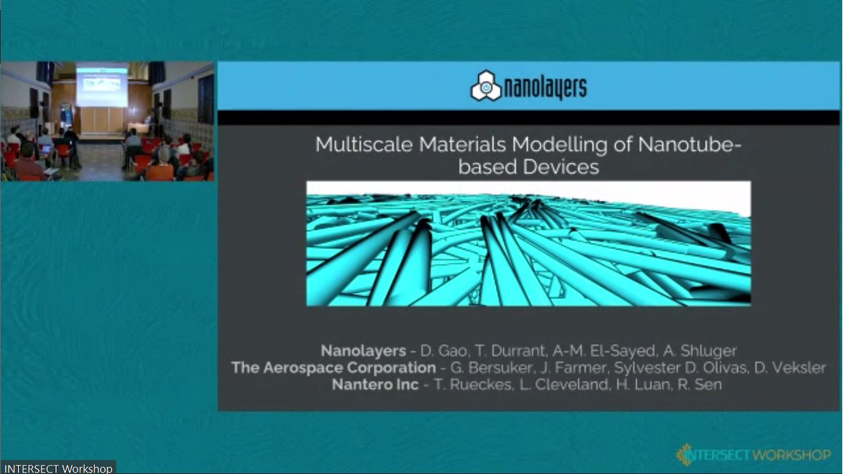 intersect_eu's tweet photo. David Gao from #nanolayers and #materials discovery and #machinelearning company @nanolayers illustrates their #devicemodels by their #atomistic structure modeling and #current #calculation through CNT contacts. #intersectworkshop https://t.co/lNQXLmdqlZ