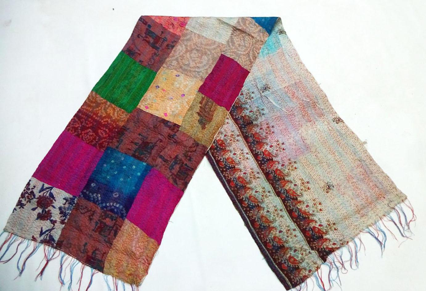 Handmade patchwork Silk Kantha Scarf Head Wrap Stole Dupatta Hand Quilted Women Shawl KL84