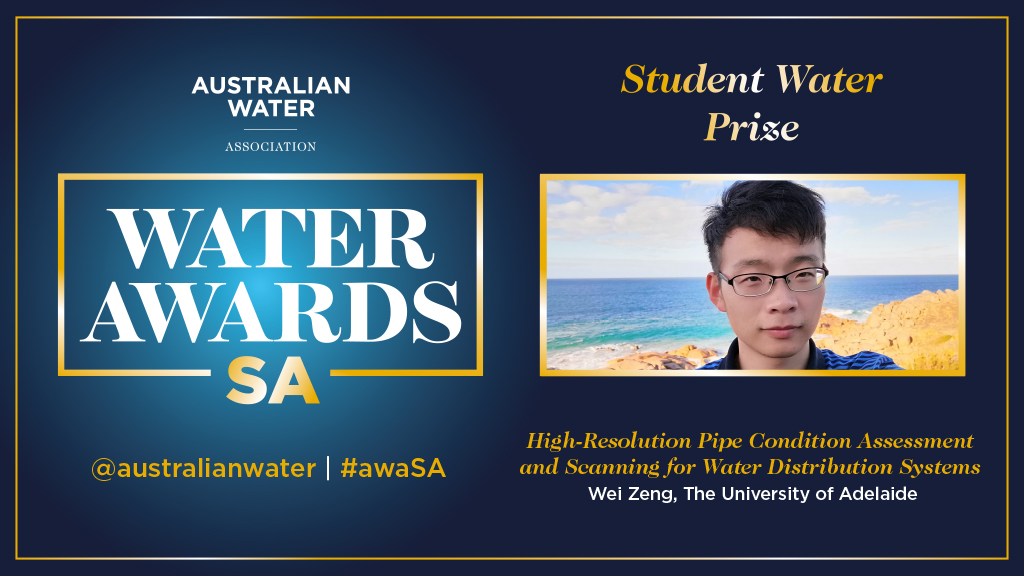 AustralianWater's tweet photo. Congratulations to @UniofAdelaide's Wei Zeng for taking out the Student Water Prize at the Water Awards South Australia with his project: High-Resolution Pipe Condition Assessment and Scanning for Water Distribution Systems.
#awaSA #WaterAwards #WaterSA https://t.co/W07XRuuLFV