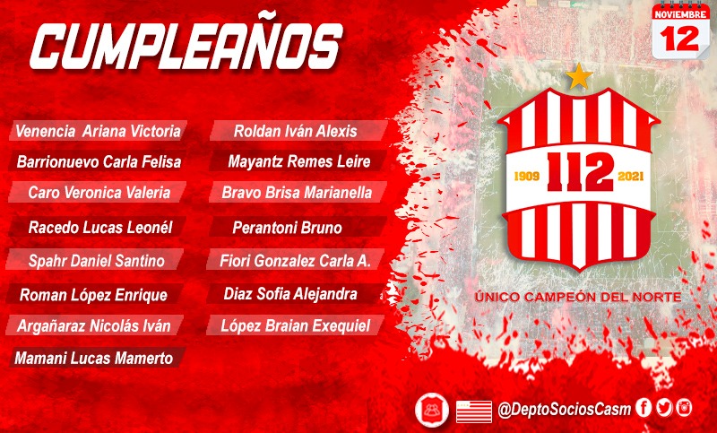 DeptoSociosCASM's tweet photo. 🔴⚪🔴 #Cumpleaños 🥳

El @CASMOficial desde su Depto. de Socios y Socias, saluda a los socios que cumplen años hoy.

#SanMartínTuc
#SociosySocias
#12deNoviembre

Datos suministrados por administración CASM. Para actualizar datos comunicarse vía Wp al: 3813681177 o 3816373077 https://t.co/dAtPvJhzqJ