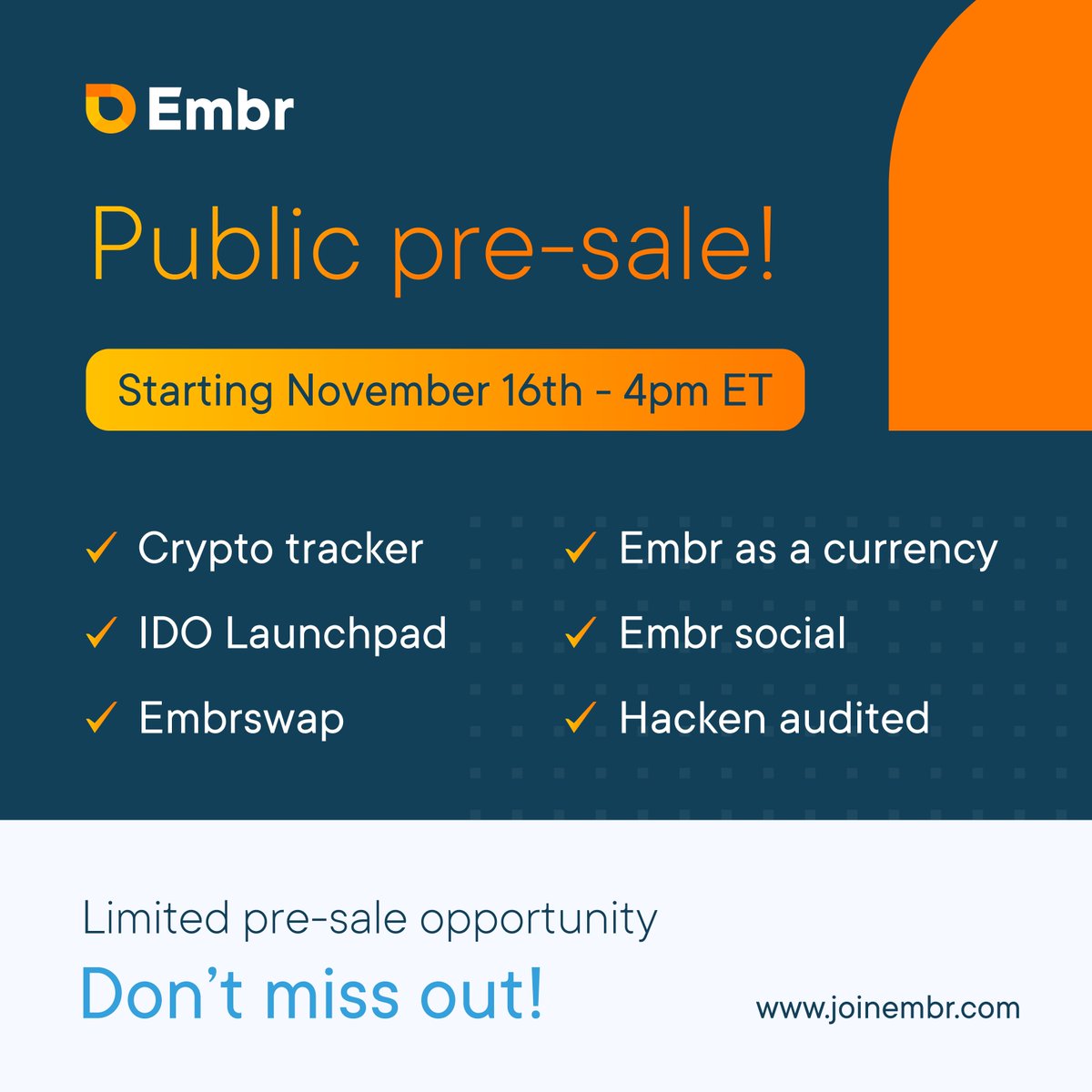 djs_crypto's tweet photo. Exactly 4 days left until @joinembr Public presale starts! I think it's gonna be quick as a snap of fingers!
Make sure you are ready! https://t.co/WRcK5LVnn8
#JoinEmbr #TodayAtEmbr #EmbrEcosystem #bnb #defi #ripple #bitcoin #shib #crypto #CryptocurrencyNews https://t.co/JA4qQZTPCC