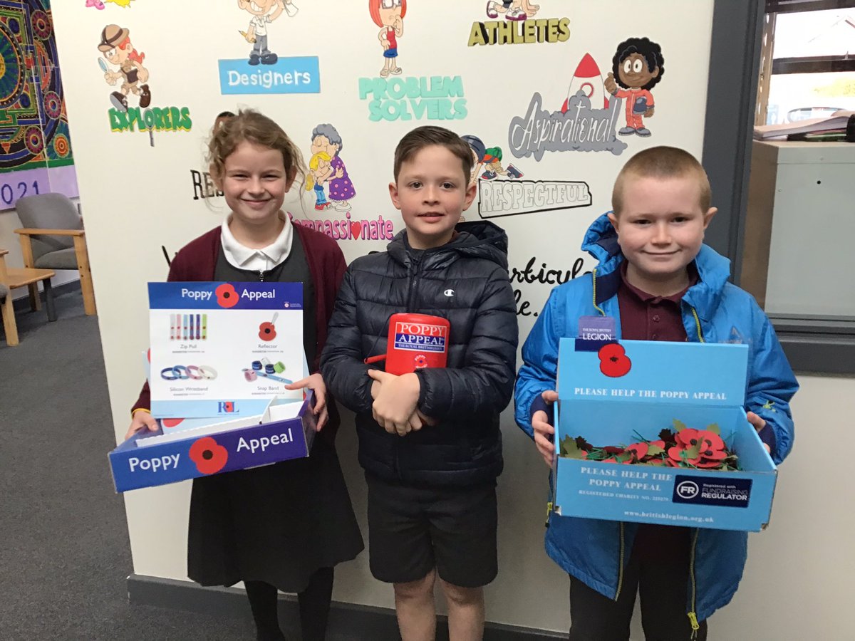 DartonPsa's tweet photo. These 3 superstars 🌟 have done a sterling job selling our Poppy Appeal merchandise all week. The collection box is full to the brim 😊 @DartonPrimary @BritishLegionRX #WeWillRememberThem #fantasticsupport https://t.co/XFeynPfKrd