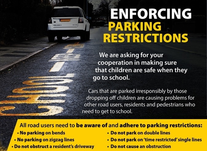 School parking patrols have been carried out this week. We have received a number of complaints from residents about vehicles parking on the yellow zigzags, blocking driveways/parking on grass verges and obstructing junctions. Please THINK where you park #RoadSafety