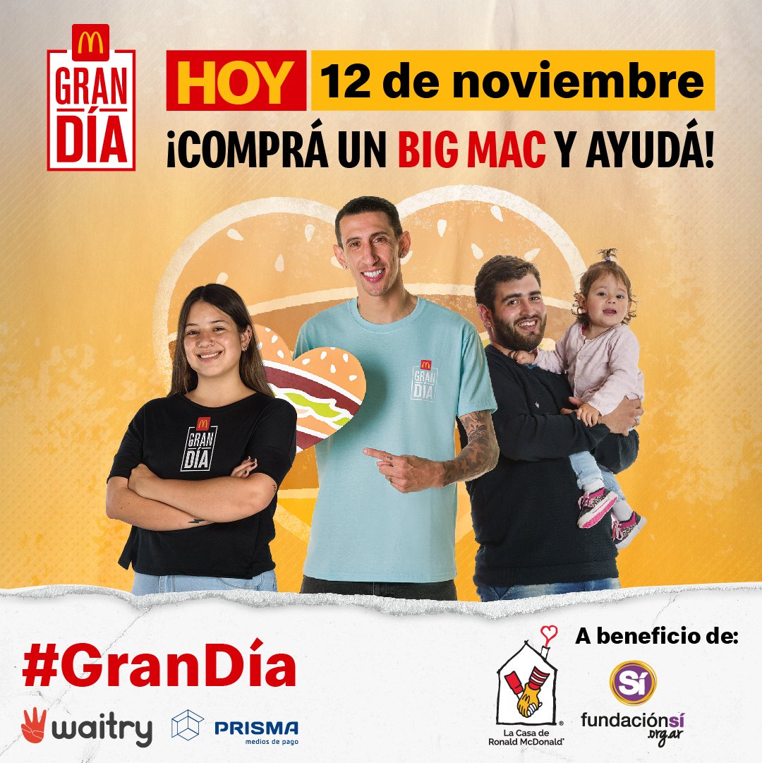 Hoy es el #GranDia pasa por un <a href="/McDonalds/">McDonald's</a> compra un #bigmac y ayudas a <a href="/CasaRonaldAr/">Casa Ronald Argentina</a> y <a href="/sifundacion/">Fundación SI</a>
