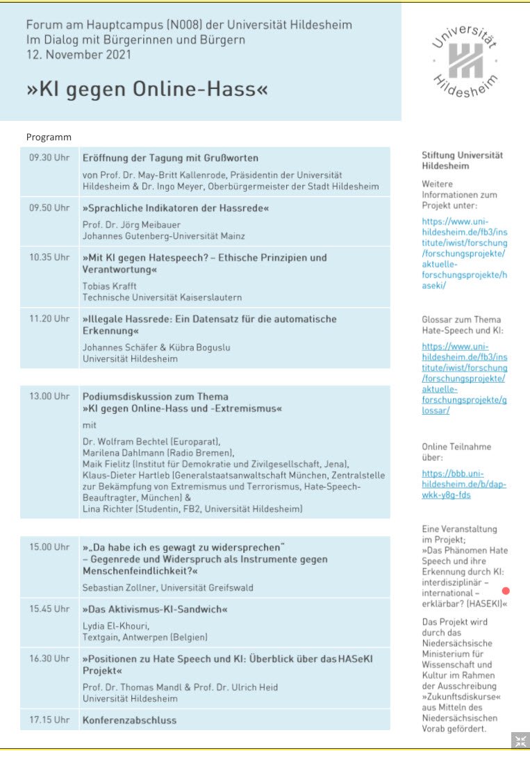 SebiZollner's tweet photo. Gleich geht es in meinem Vortrag »Da habe ich es gewagt zu widersprechen.« um #Gegenrede und #Widersprechen sowie die sprachlichen Ressourcen die gegen Menschenfeindlichkeit eingesetzt werden können. #KI gegen #Online_Hass #haseki #counterspeech 🛡 https://t.co/8p0jligj4u