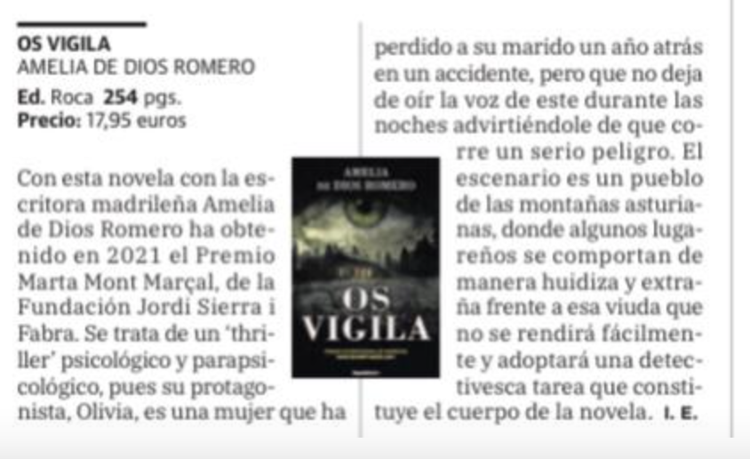RocaEditorial's tweet photo. «Un thriller psicológico y parapsicológico.» #OsVigila de @AmeliaDeDios2, la novela ganadora del premio #MontMarçal2021, en @hoyextremadura. 👇🏼 https://t.co/8Tgy7vy6aH