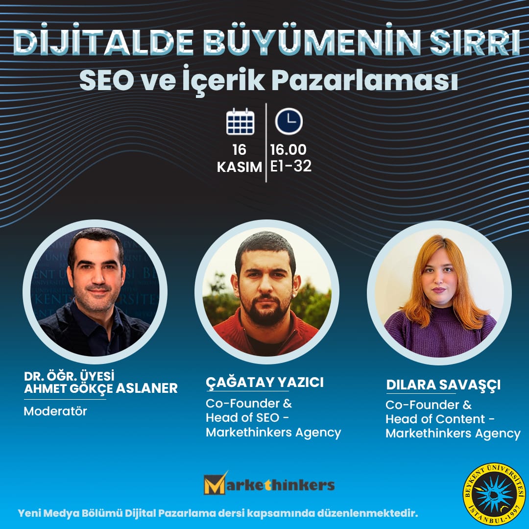 Bu hafta "Dijital Pazarlama İletişimi" dersime Çağatay Yazıcı ve Dilara Savaşçı konuk olacaktır. 16 Kasım 2021 Salı günü E1-32 numaralı sınıfta saat 16.00’da başlayacak seminere tüm öğrencilerimizi bekleriz.  #dijitalpazarlama
Afiş tasarımı : Elif İskender