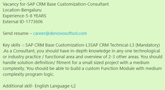 denovosoftsol's tweet photo. #denovojobs
Vacancy for-SAP CRM Base Customization-Consultant
Location-Bengaluru
Experience-5-8 YEARS
External ID-1773606
Send resume – career@denovosoftsol.com
#SAPBasis #sapservice #seniordeveloper #saphana #sapabap #javaprogramming #linux #oracle #oracledatabase #SAPCRM https://t.co/XsMyOsH8Rd