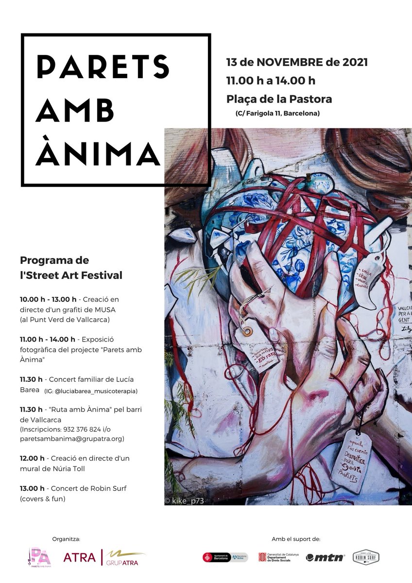 GrupAtra's tweet photo. Us esperem demà a l’#StreetArt Festival organitzat pel programa #ParetsAmbÀnima! Hi haurà 🖌creació d’#art urbà en directe amb #NúriaToll i @Musa71_, 🎸concerts de #RobinSurf i #LucíaBarea, 🔎una ruta guiada pel barri de #Vallcarca, 📷una expo fotogràfica del projecte i molt més! https://t.co/xH6iOBZGc3