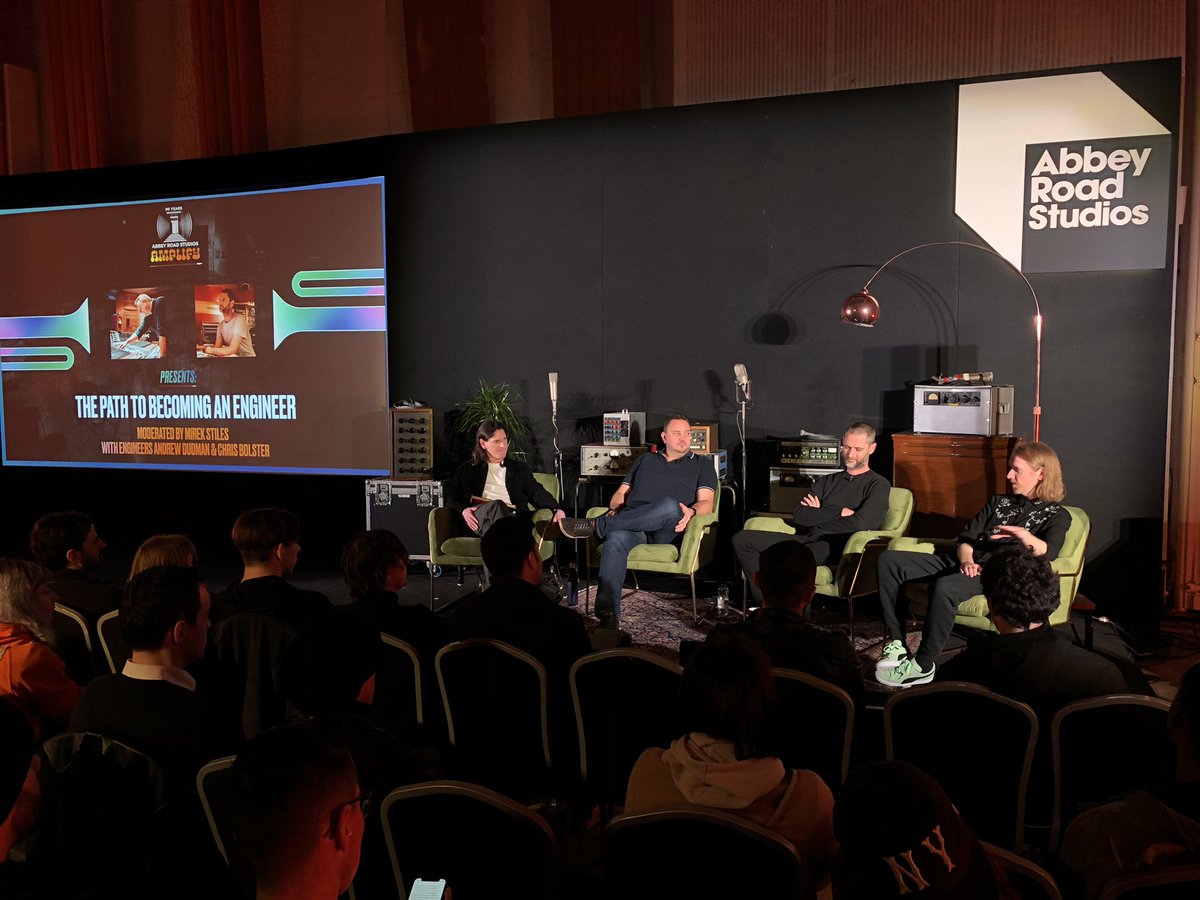 Next up, our Production Hub presents: ‘Becoming An Engineer’ in Studio Two. @MirekStiles joins Andrew Dudman (<a href="/dudman_andrew/">Andrew Dudman</a>) &amp; #ChrisBolster along with mastering engineer Christian Wright (<a href="/CW_AbbeyRoad/">Christian Wright</a>) to discuss careers at Abbey Road.
 
Go to: abbeyroad.com/amplify #Amplify