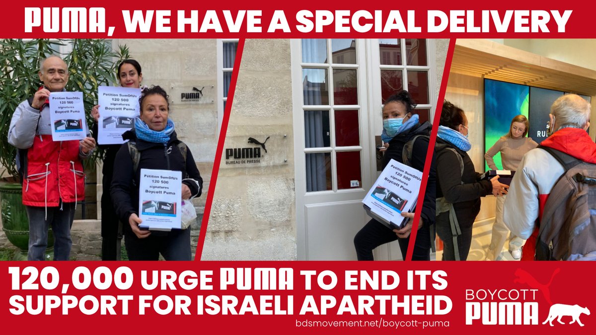 PennedPlaces's tweet photo. I'm one of 120,000 urging @PUMA to end its partnership with Israeli apartheid. It's a partnership in crime.

I'm joining Palestinian rights supporters across the world delivering signatures to PUMA today.

https://t.co/sVamFliBxQ https://t.co/l8ccDPZudH
#BoycottPUMA #PUMAFam