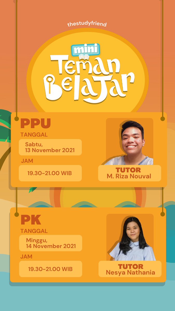 thestudyfriend's tweet photo. Alohaa๐๐โโ๏ธ๐๐โโ๏ธ๐ธ
Udah weekend lagi niii, jangan lupa ikutan Mini Teman Belajar!! Minggu ini ada kelas PPU dan kelas PK di jam 19.30 WIB lhoo๐ฑ Ikutann yokk! See youuu #StudyFriend ๐ค๐ค https://t.co/wXCB1xDs4l