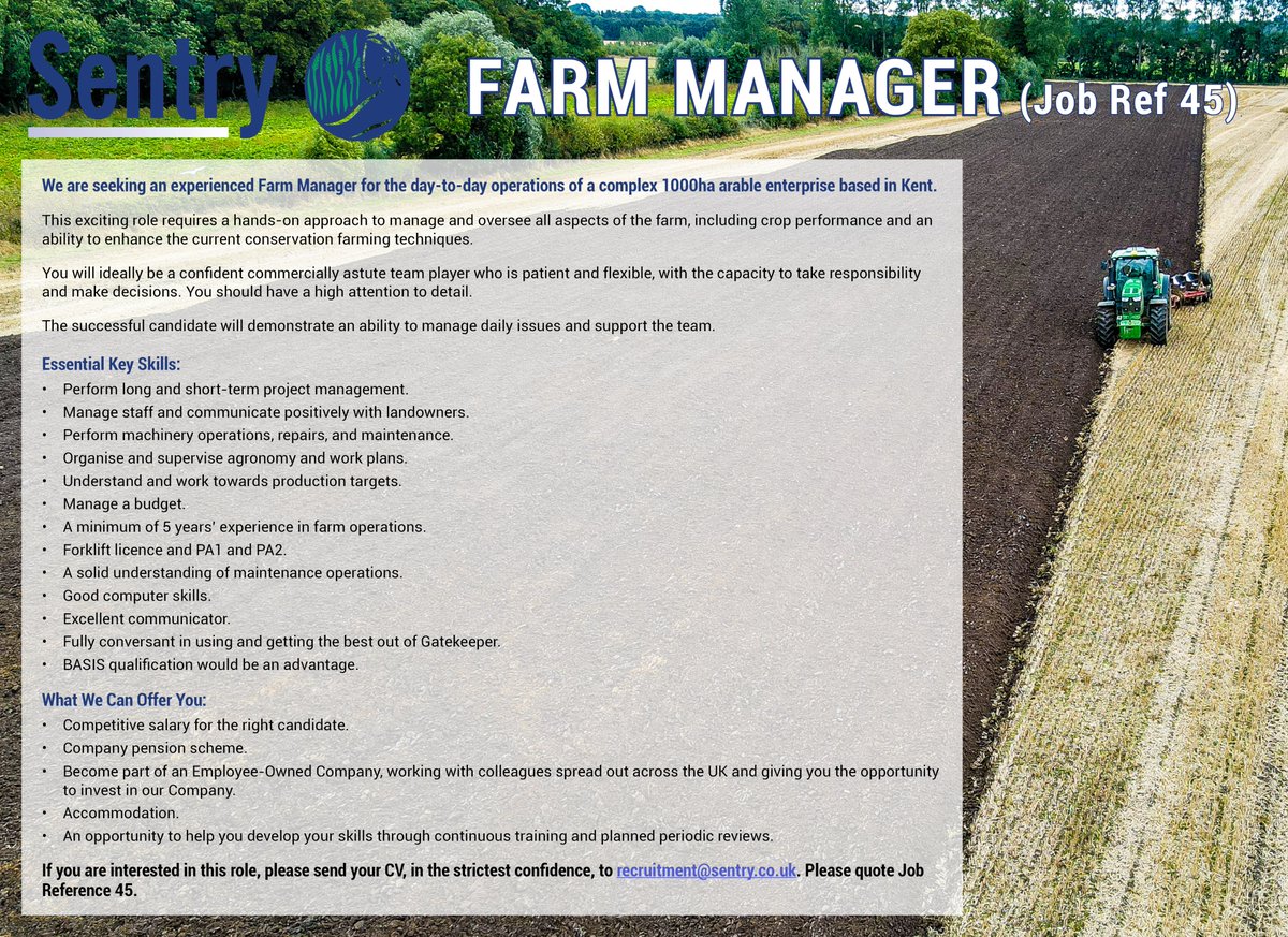 WE'RE HIRING: <a href="/SentryLtd/">Sentry</a> are looking for an experienced Farm Manager to oversee the daily operations of our 1000ha arable enterprise in Kent.

If you're a confident, responsible, and patient team player who has a genuine passion for farming then we want to hear from you! ⬇️⬇️⬇️