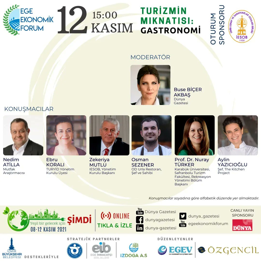 EEkonomikForum's tweet photo. @izmiresob oturum sponsorluğu ile "Turizmin Mıknatısı: Gastronomi" paneli başlıyor

📆12 Kasım ⏰15:00

TR https://t.co/76th5srxJ7
ENG https://t.co/kADOFQOOOS

@bbicer @anedimatilla @TURYID @zekeriy96549980 @osmansezener @Kastamonuniver5 @aylin_yaziciogl @tkitchenproject https://t.co/Y87n9qGlmV
