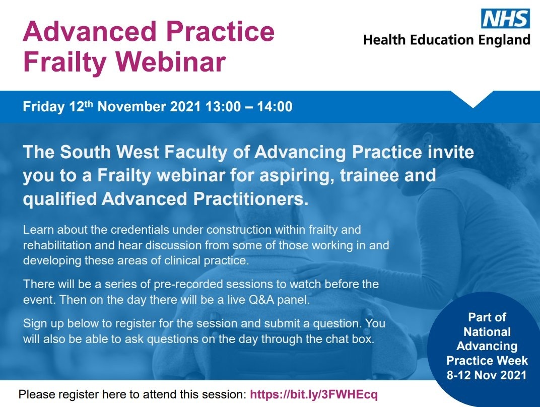 NHSHEE_SWest's tweet image. #AdvPracWeek2021 is coming to an end... 

However, we still have a Frailty webinar starting at 1pm today!

If you would like to get in touch with the South West Faculty please email &amp;gt; advancingpractice.sw@hee.nhs.uk 
or visit &amp;gt; orlo.uk/RXx2f