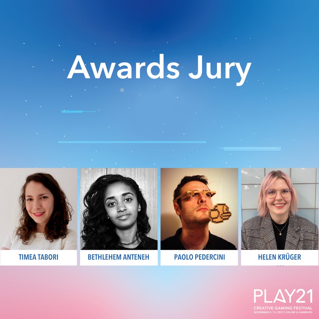 _PLAYfestival's tweet photo. So… You already know about today´s #CreativeGamingAwards. But one thing was still missing: 

We are very happy to welcome the #jury:

@TimeaTabori
Bethlehem Anteneh (@CraftAJune)
Paolo Pedercini (@molleindustria)
and Helen Krüger from 
@gamecityHamburg

#PLAY21 #Festival ￼ https://t.co/yKP6RdmTgo