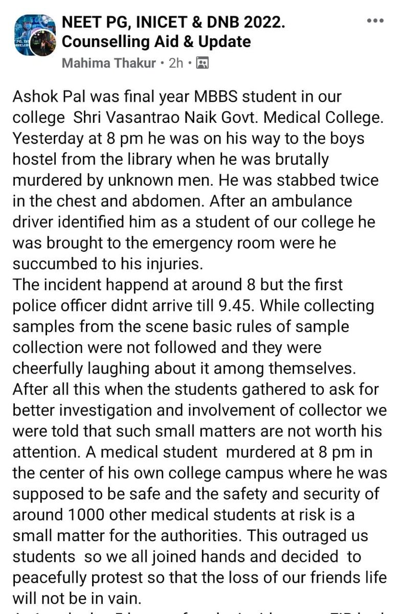 DrDatta_AIIMS's tweet image. Where&apos;s law and order in state? @CMOMaharashtra

Delayed FIR! Culprits not arrested!
Dean shoving off institutional responsibility after murder of a doctor on way from libary to Hostel! Politician openly threatening bereaved doctors who want justice for their colleague! PATHETIC!