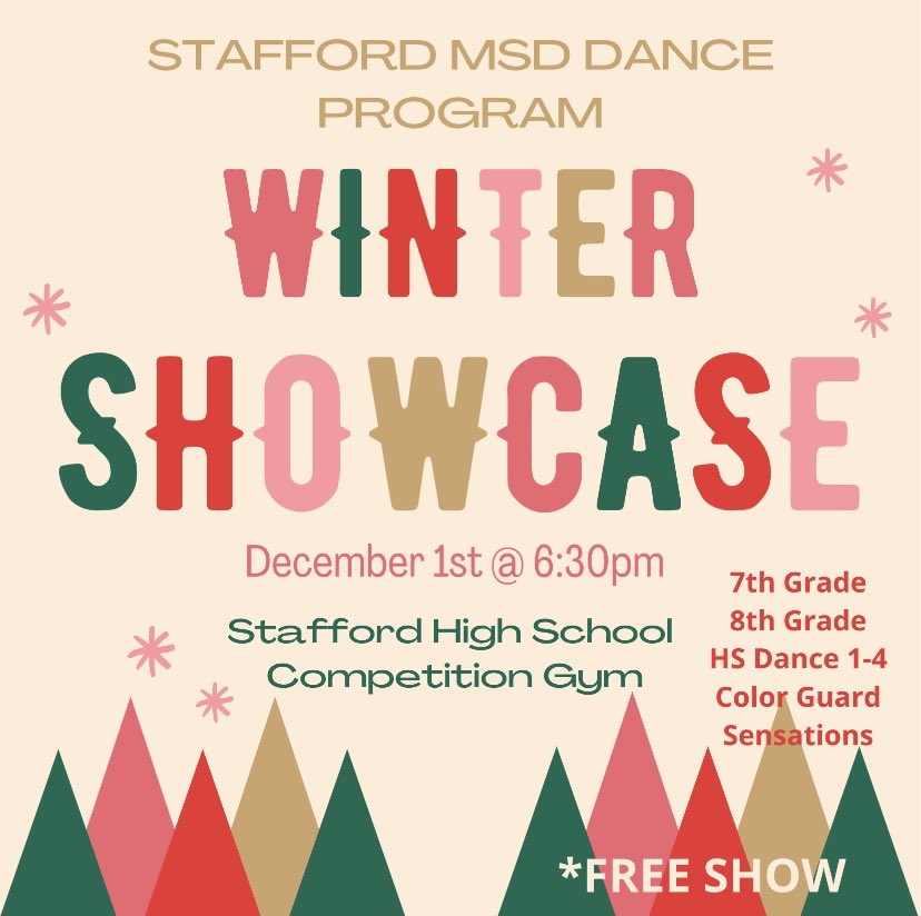 The Stafford MSD Dance Program is having their Winter showcase December 1st at 6:30 pm in the High School competition gym. Please join us kick off the holiday season! 🎄<a href="/SMSDHigh/">Stafford High School</a> <a href="/StaffordMSD/">Stafford MSD</a> <a href="/SMSDMiddle/">SMSDMiddle</a> <a href="/SMSD_Sensations/">Stafford Sensations</a>