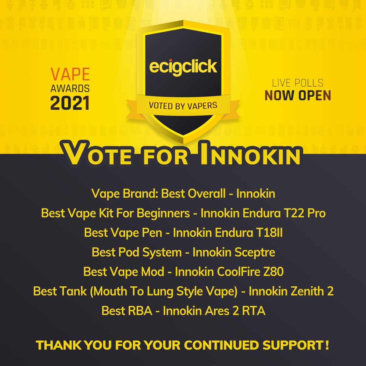 Hi, my friends, It is time to vote for Innokin.

Here to vote:
ecigclick.co.uk/ecigclick-vape…

You will have more chances to win ecigclick giveaway: 
ecigclick.co.uk/vape-giveaways/
