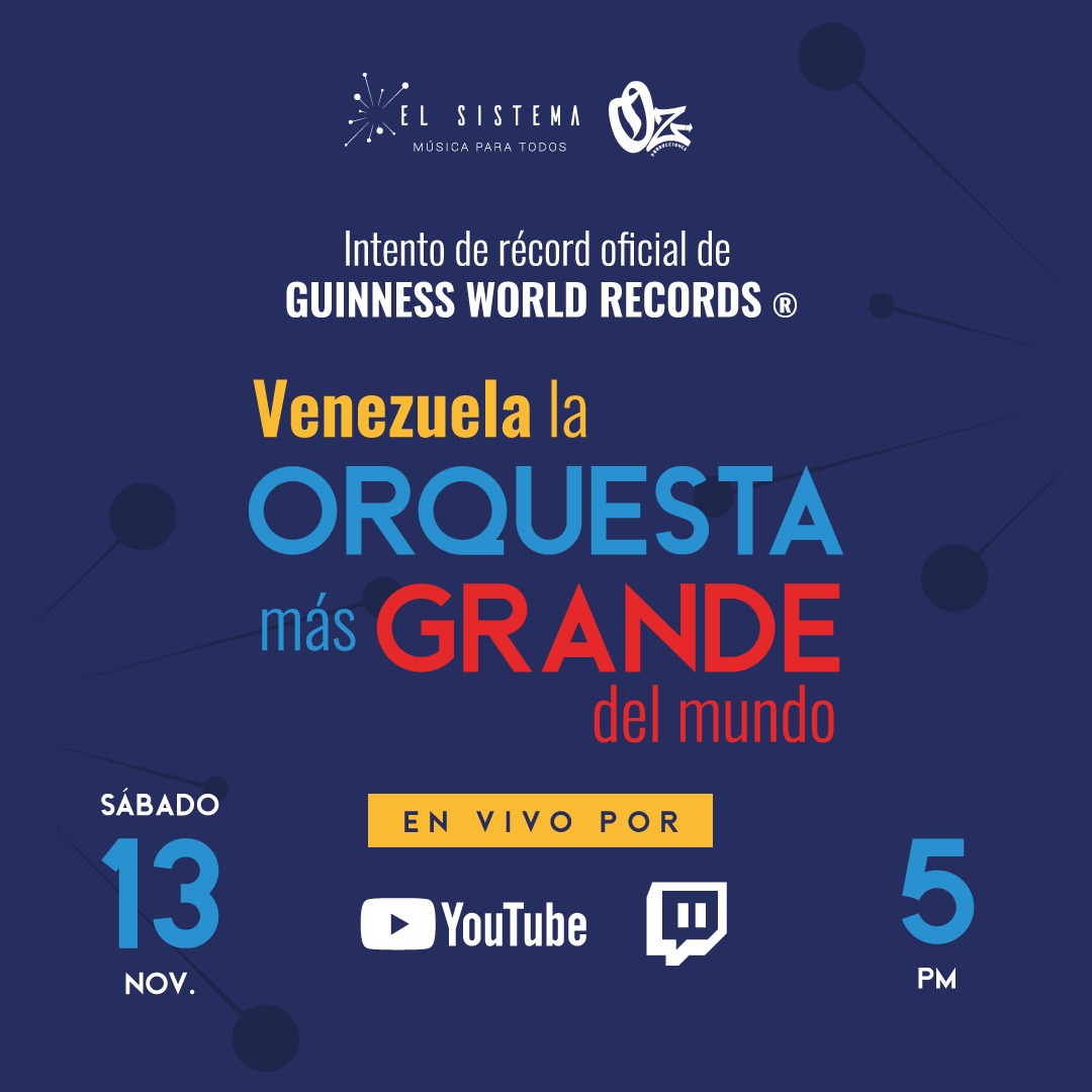 VTVcanal8's tweet photo. #ENTÉRATE📢| Venezuela, a través de @elsistema, buscará este sábado #13Nov a las 5:00pm romper el récord oficial de Guinness World Records como “La Orquesta más grande del mundo”.

#EnsayoMásGrandeDelMundo https://t.co/rgHLSTWfEt