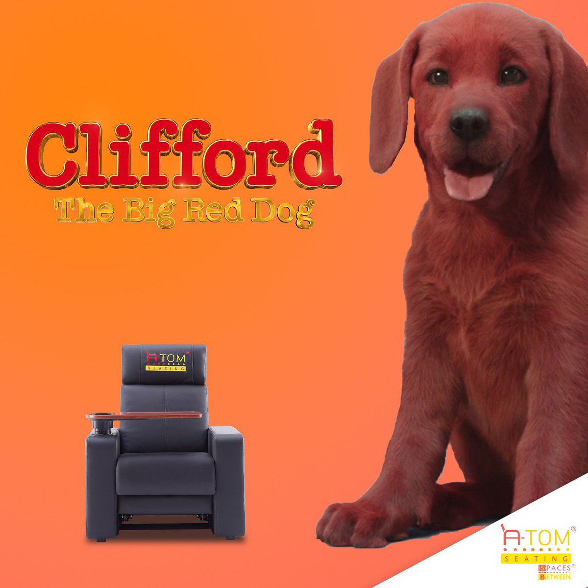 AtomSeating's tweet photo. Our most compact recliner with the largest dog. @CliffordMovie opens today in theatres near you. Enjoy the movie with #AtomSeating line of #VIPrecliners. 

#AtomSeating #InclineToRecline #CliffordMovie #CliffordLaPelicula https://t.co/xtohvv3ssz