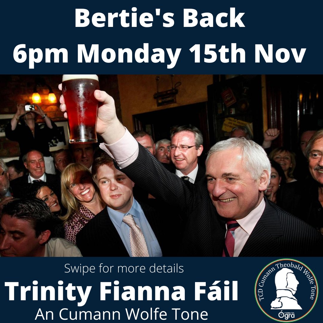 TCDFiannaFail's tweet photo. Bertie’s Back in Trinity at 6pm on Monday in the GMB for a Q&amp;A session. It’s your chance to ask whatever you want! 

Grab your tickets here: https://t.co/iKiooeJ5zv New members welcome! There will be drinks after 🍻 https://t.co/8RoaIgJHIN