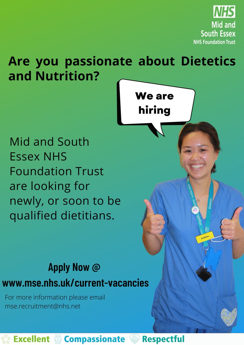 Calling all Dietitians and Dietetics Graduates!We have a number of exciting Band 5 opportunities for you across <a href="/MSEHospitals/">Mid and South Essex NHS Foundation Trust</a>! Visit mse.nhs.uk/current-vacanc… to start your career with us today! #Dietitians #MSEteam #NHS #NHSJobs #myEssex #EssexJobs #graduate #opportunity #Career