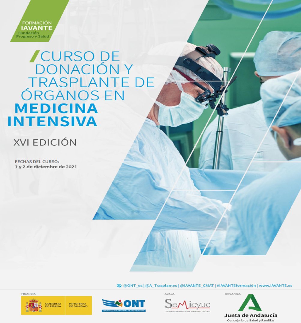 Abierto plazo de inscripción de Curso de Donación y Trasplante especialmente dirigido a especialistas en MEDICINA INTENSIVA en formación.
<a href="/saludand/">Consejería de Sanidad, Presidencia y Emergencias</a> <a href="/ONT_esp/">Organización Nacional de Trasplantes</a> <a href="/semicyuc/">SEMICYUC</a> 
Más información 👇
sspa.juntadeandalucia.es/servicioandalu…