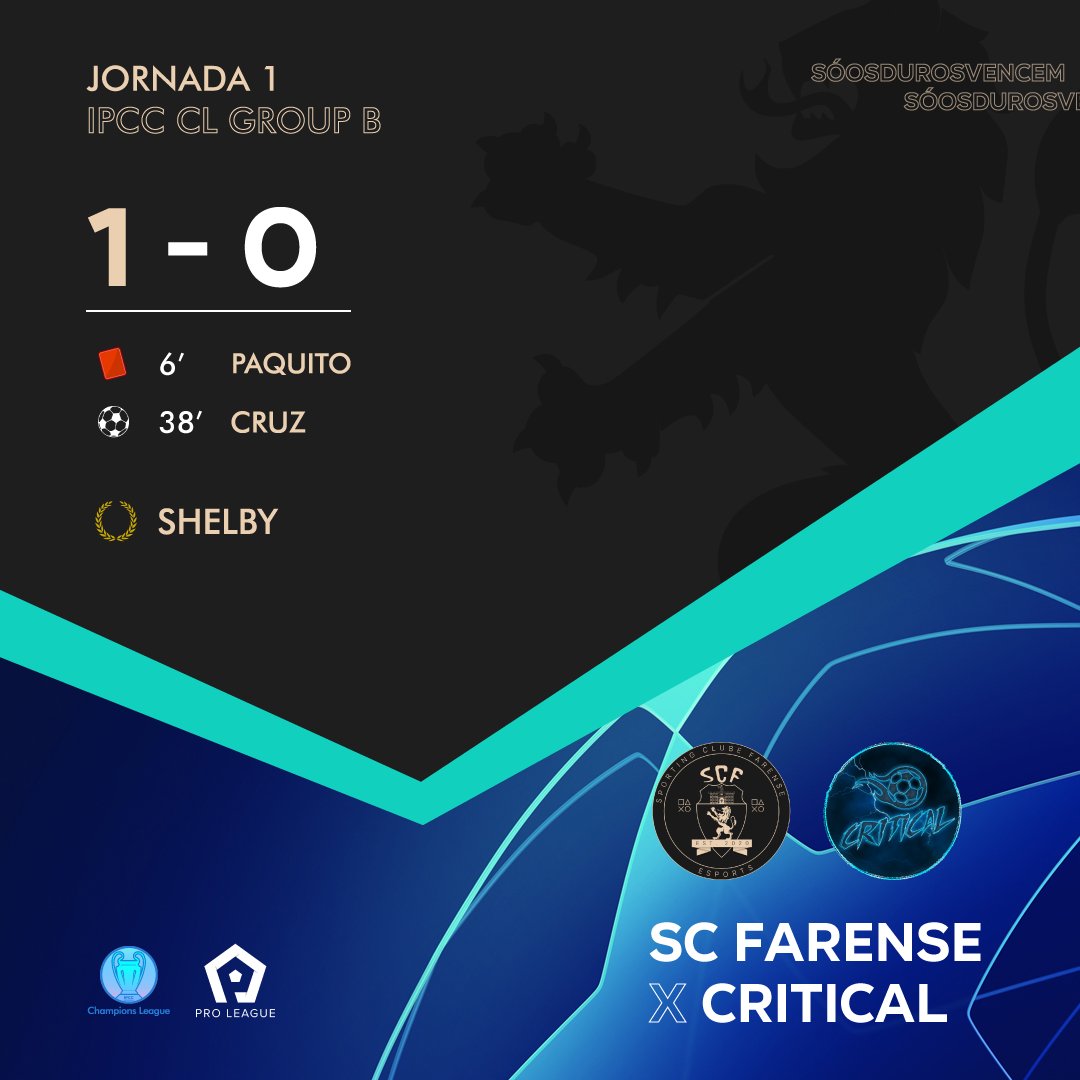 scfarense_pc's tweet photo. IPCC CL Group B
Jornada 1

Conseguimos vencer os atuais líderes franceses com menos 1 elemento, num jogo exigente e perfeito defensivamente. Seguimos líderes a par dos italianos @UdWalkers, que venceram os @nasticesports.

x Critical 
1-0 

⚽️ Cruz
🟥 Paquito

⭐️Shelby https://t.co/UMPArfBmQE