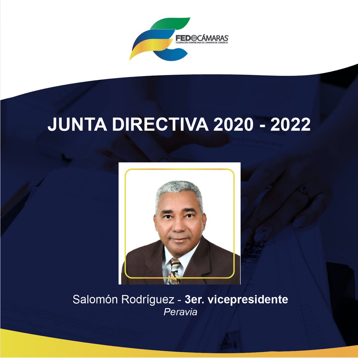 ¡Conoce los miembros de nuestra Junta Directiva!

Salomón Rodríguez, es tercer vicepresidente de la Federación Dominicana de Cámaras de Comercio y presidente de la Cámara de Comercio y Producción de Peravia. Es Ingeniero Agrónomo y Doctor en Derecho. 

Conoce más en nuestra web.
