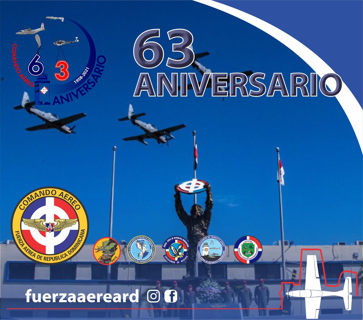 63 Aniversario del Comando Aéreo.

Hoy la Fuerza Aérea de República Dominicana felicita a los hombres y mujeres que conforman este comando.

• Escuadrón de Combate
• Escuadrón de Rescate
• Escuadrón de Transporte Aéreo 
• Escuadrón de Tránsito Aéreo