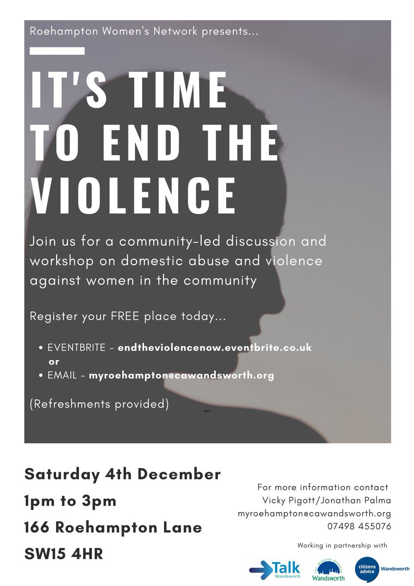 Proud to be organising this very important event on #domesticabuse with the  #RoehamptonWomensNetwork in partnership with @WandCAB @wandbc @talkwandsworth 

Do join us on the 4th December!

Reserve your place - endtheviolencenow.eventbrite.co.uk

#EndtheViolence