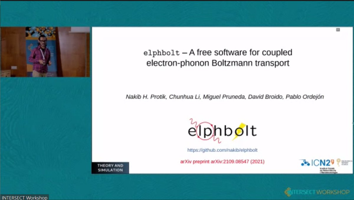intersect_eu's tweet photo. We should study #abinitio transport "... to understand the #physics in a parameter-free way and for its many applications", says Nakib Protik, a skilled #youngscientist from @ICN2, while introducing the free #elphbolt code in the last speech of our #intersectworkshop. https://t.co/YtCKVKRjPG