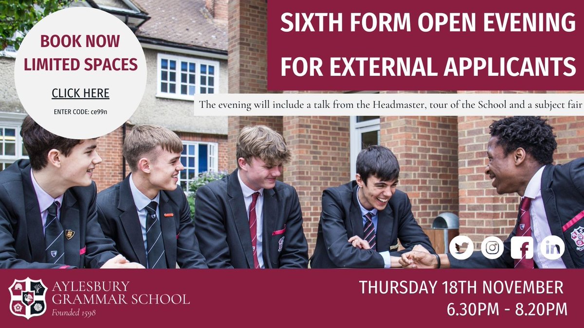 Less than a week to go until our Sixth Form Opening Evening event for external applicants.  There is still time to book. Click the link ▶️schoolinterviews.co.uk/book/step1?z=8… to secure your place.